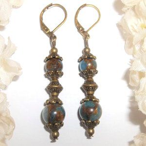Boho Earring Set Dangle Drop Blue and Bronze Beaded Rustic Jewelry Gift NWT 7050